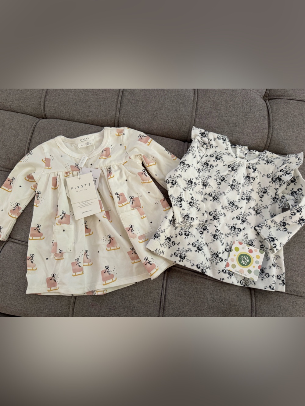 NWT-Little Me baby girl ice skates shirt, White black Floral Long-Sleeve Top